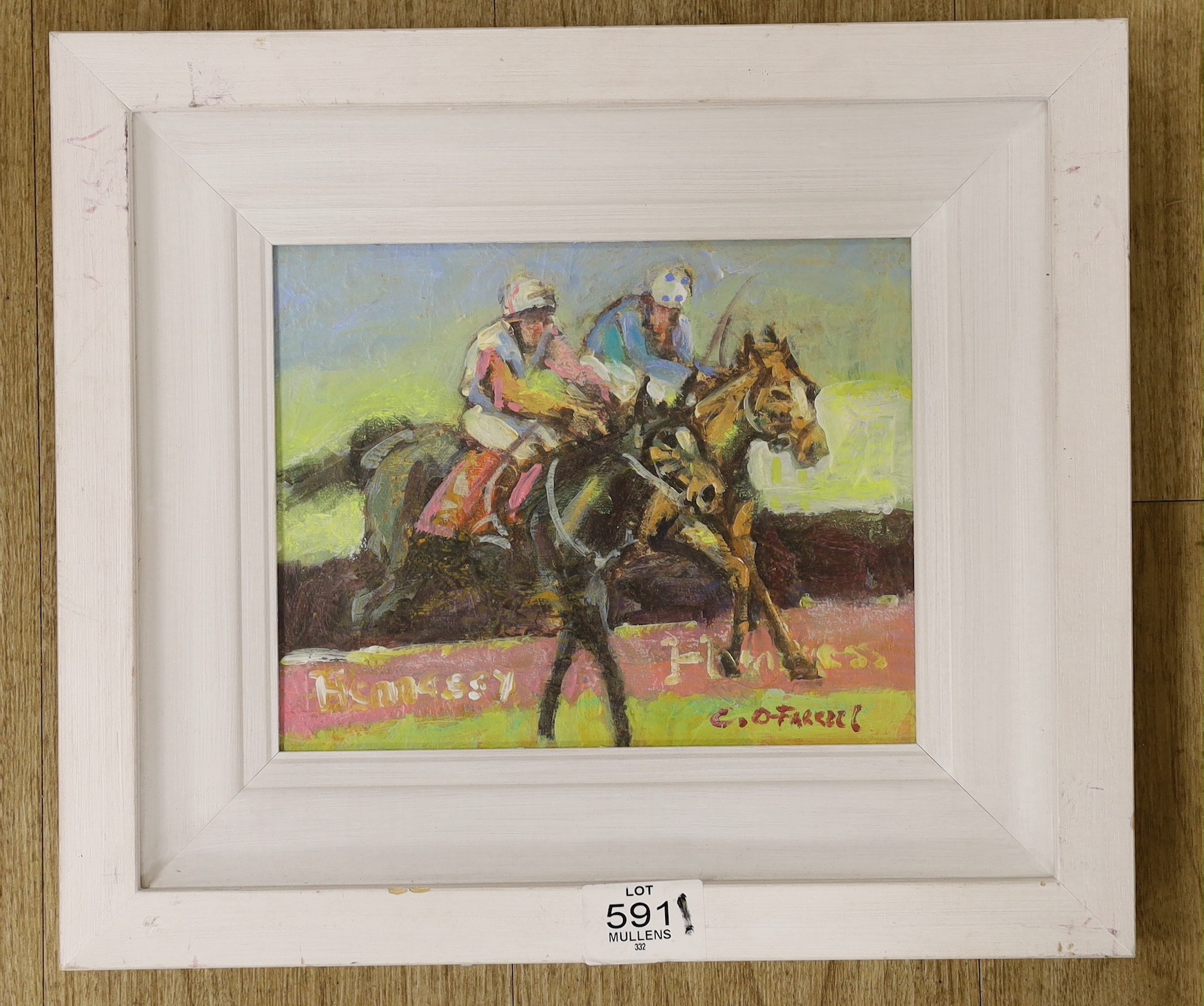 Clare O'Farrell (Irish, b.1948), oil on board, Horse racing scene, signed, 19 x 24cm